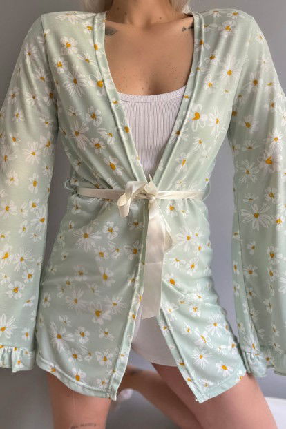Yeşil Papatya Desenli Kadın Kimono Sabahlık - 5