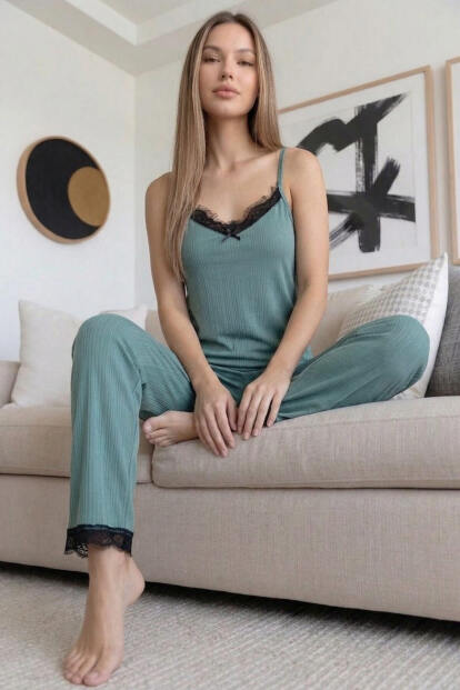 Yeşil Pegasus Dantelli Ip Askılı Örme Kadın Pijama Takımı - 3