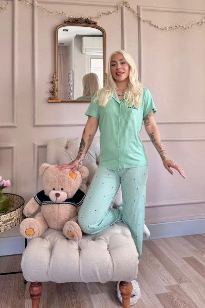 Yeşil Puan Desenli Zincir Önden Düğmeli Kısa Kol Kadın Pijama - 6