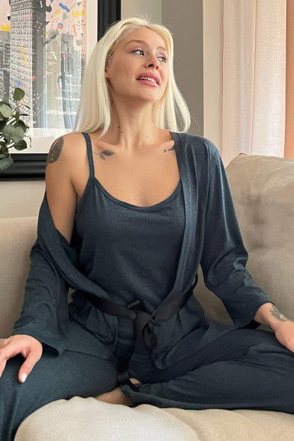 Yeşil Sabahlıklı Bambu Kadın Pijama Takımı - 1