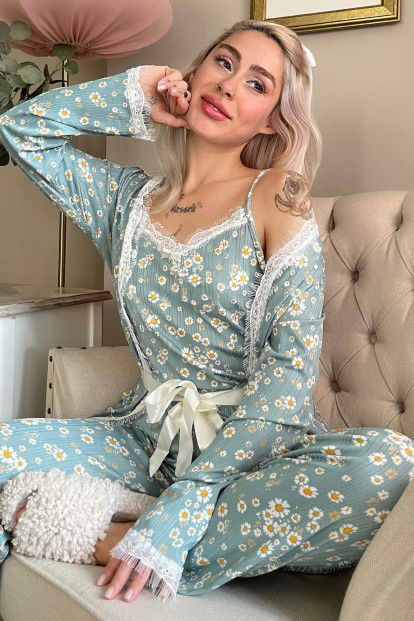 Yeşil Sarı Mini Papatya Desenli Sabahlıklı Pegasus Pijama Takımı - 1