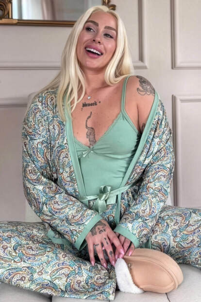 Yeşil Sarı Paisley Exclusive Örme Sabahlıklı Kadın Pijama Takım - 1