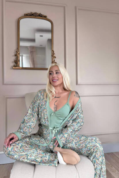Yeşil Sarı Paisley Exclusive Örme Sabahlıklı Kadın Pijama Takım - 2