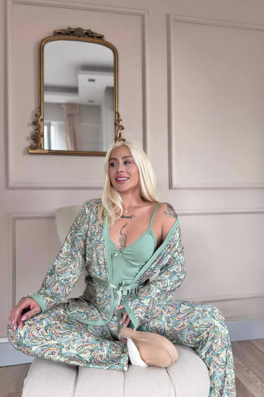Yeşil Sarı Paisley Exclusive Örme Sabahlıklı Kadın Pijama Takım - Pijamaevi (1)