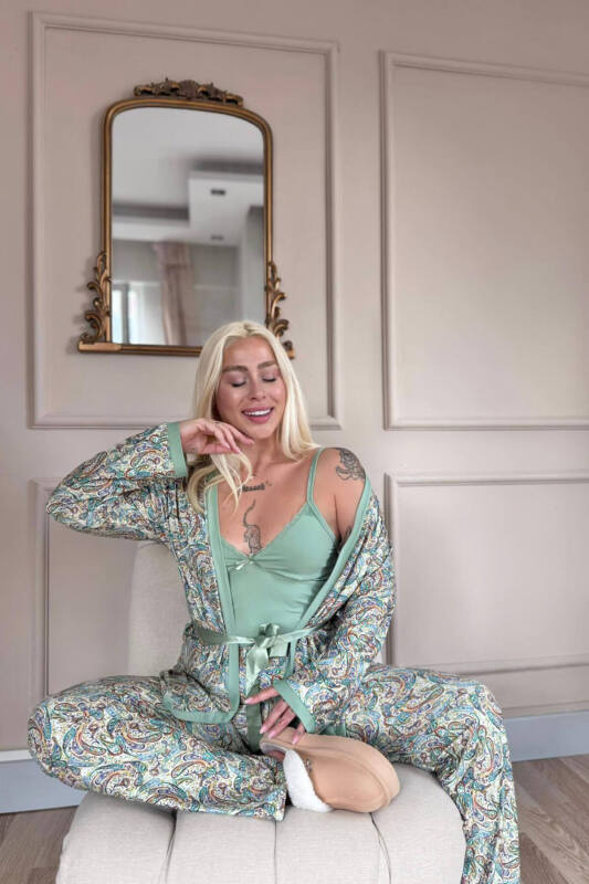 Yeşil Sarı Paisley Exclusive Örme Sabahlıklı Kadın Pijama Takım - Pijamaevi (2)