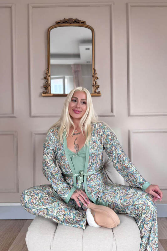 Yeşil Sarı Paisley Exclusive Örme Sabahlıklı Kadın Pijama Takım - Pijamaevi (3)