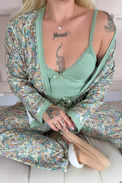 Yeşil Sarı Paisley Exclusive Örme Sabahlıklı Kadın Pijama Takım - 5