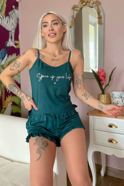 Yeşil Spice Baskılı Örme İp Askı Şortlu Pijama Takımı - 1