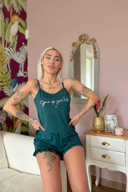 Yeşil Spice Baskılı Örme İp Askı Şortlu Pijama Takımı - 2