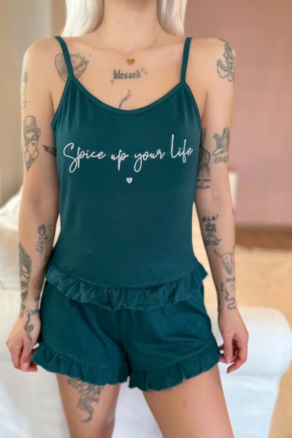 Yeşil Spice Baskılı Örme İp Askı Şortlu Pijama Takımı - 4