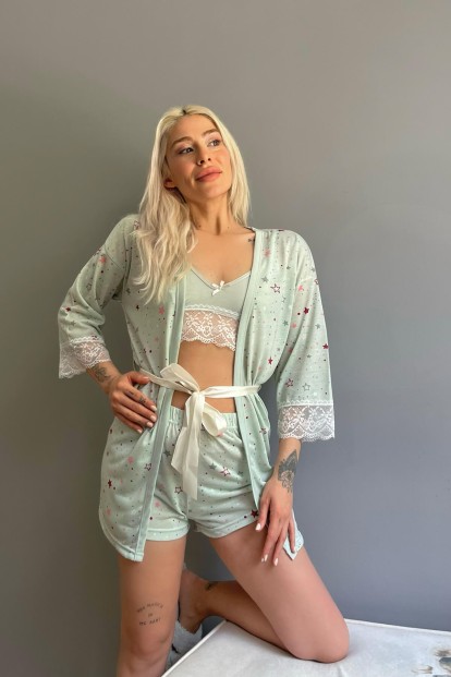 Yeşil Stars Desenli Sabahlıklı Bralet Örme Pijama Takımı - 2