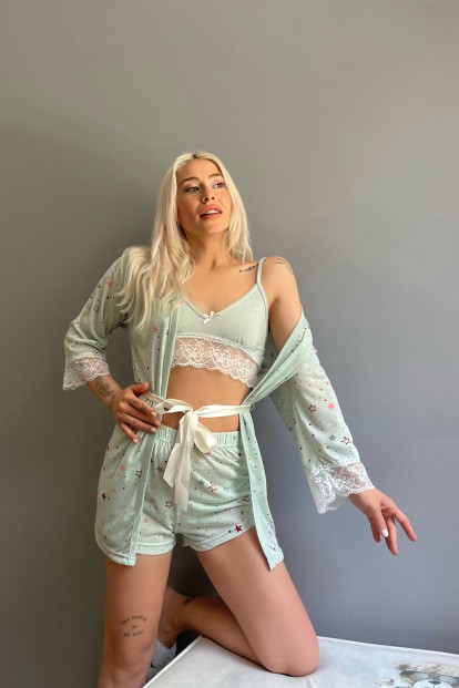 Yeşil Stars Desenli Sabahlıklı Bralet Örme Pijama Takımı - 3
