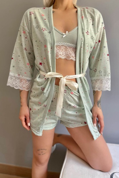 Yeşil Stars Desenli Sabahlıklı Bralet Örme Pijama Takımı - 5