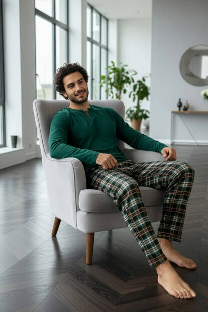 Yeşil Stylish Erkek Uzun Kol Pijama Takımı - 3