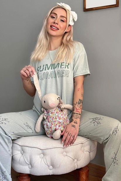 Yeşil Summer Baskılı Örme Kısa Kollu Kadın Pijama Takımı - 1