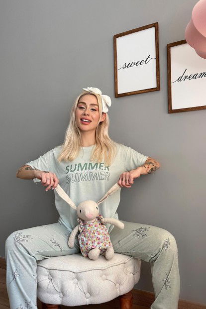 Yeşil Summer Baskılı Örme Kısa Kollu Kadın Pijama Takımı - 2