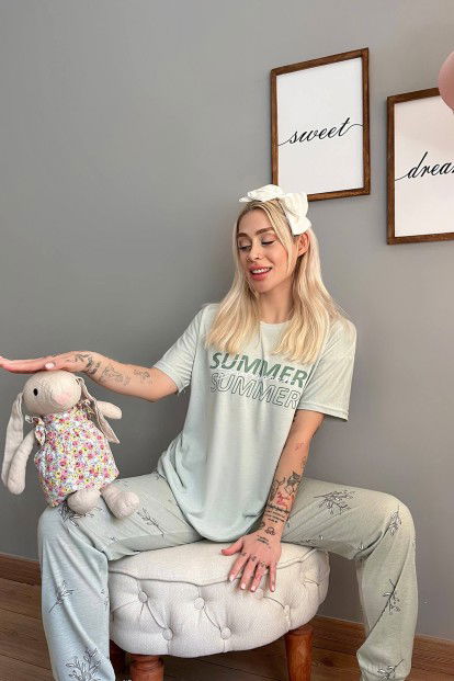 Yeşil Summer Baskılı Örme Kısa Kollu Kadın Pijama Takımı - 3