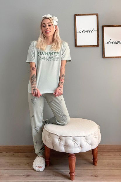 Yeşil Summer Baskılı Örme Kısa Kollu Kadın Pijama Takımı - 5