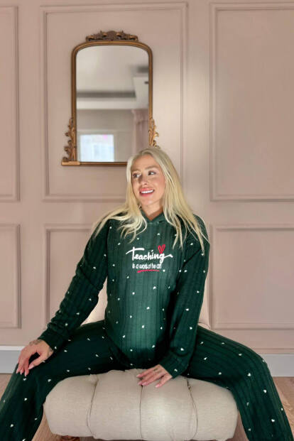 Yeşil Teaching Desenli Kapşonlu Peluş Polar Pijama Takımı - 3