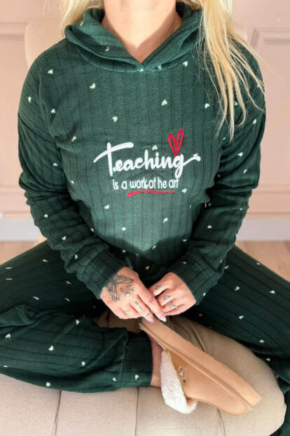 Yeşil Teaching Desenli Kapşonlu Peluş Polar Pijama Takımı - 5