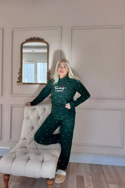 Yeşil Teaching Desenli Kapşonlu Peluş Polar Pijama Takımı - 6