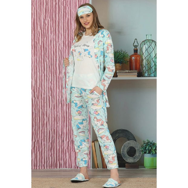 Yeşil Unicorn Desenli Sabahlıklı Pijama Takımı - 2