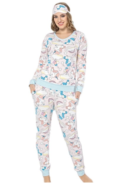 Yeşil Unicorn Desenli Uzun Kollu Manşetli Kadın Pijama Takımı - 1