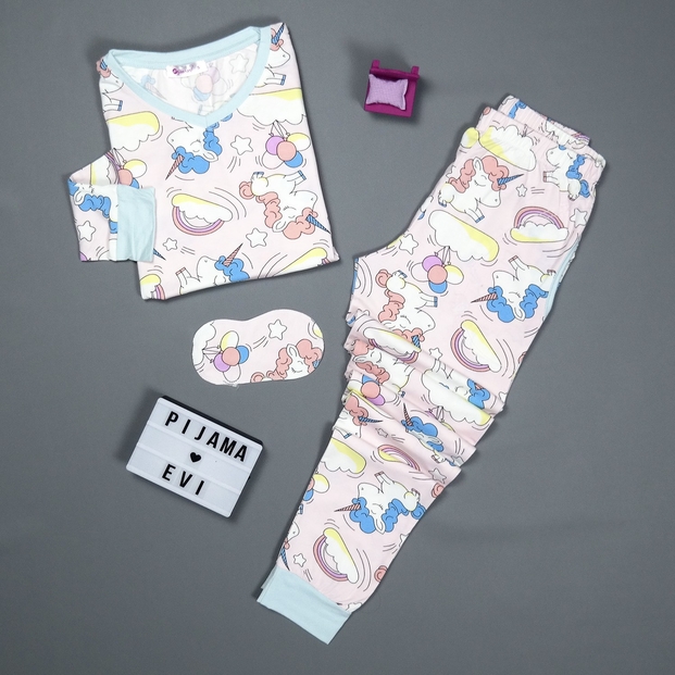 Yeşil Unicorn Desenli Uzun Kollu Manşetli Kadın Pijama Takımı - 2
