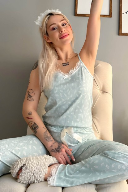 Yeşil Yaprak Dantelli İp Askılı Örme Kadın Pijama Takımı - 1