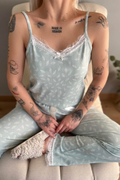 Yeşil Yaprak Dantelli İp Askılı Örme Kadın Pijama Takımı - 4