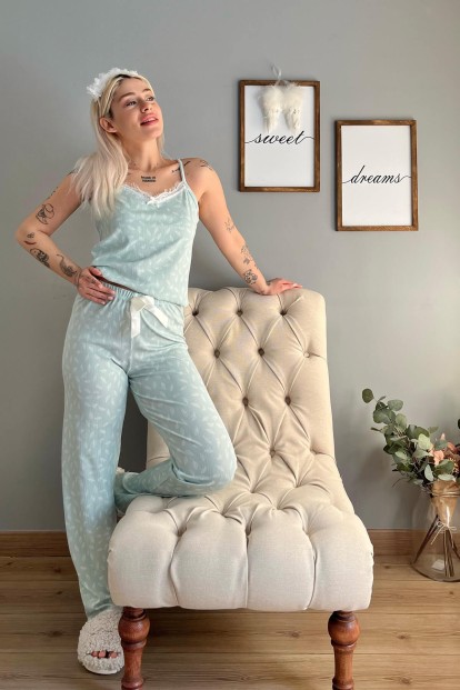 Yeşil Yaprak Dantelli İp Askılı Örme Kadın Pijama Takımı - 5
