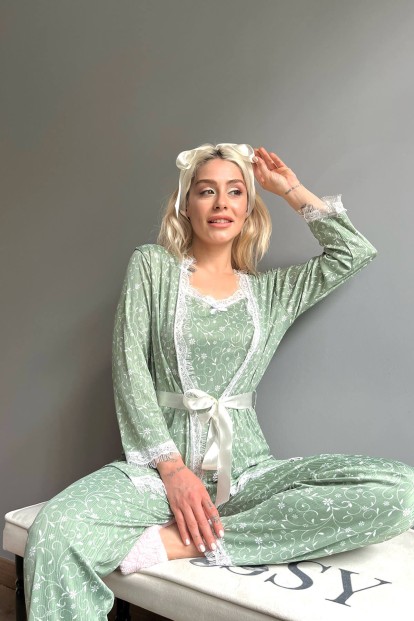 Yeşil Yaprak Lale Desenli Sabahlıklı Pegasus Pijama Takımı - 3