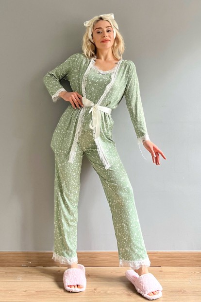 Yeşil Yaprak Lale Desenli Sabahlıklı Pegasus Pijama Takımı - 5