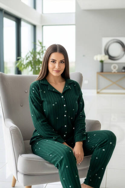 Yeşil Yıldız Desenli Önden Düğmeli Peluş Polar Pijama Takımı - 4