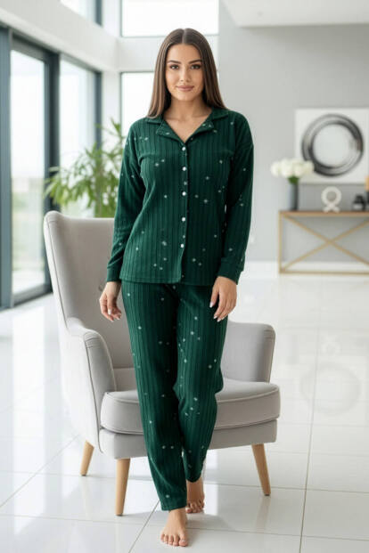 Yeşil Yıldız Desenli Önden Düğmeli Peluş Polar Pijama Takımı - 5