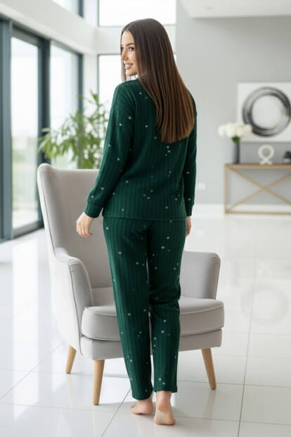 Yeşil Yıldız Desenli Önden Düğmeli Peluş Polar Pijama Takımı - 6