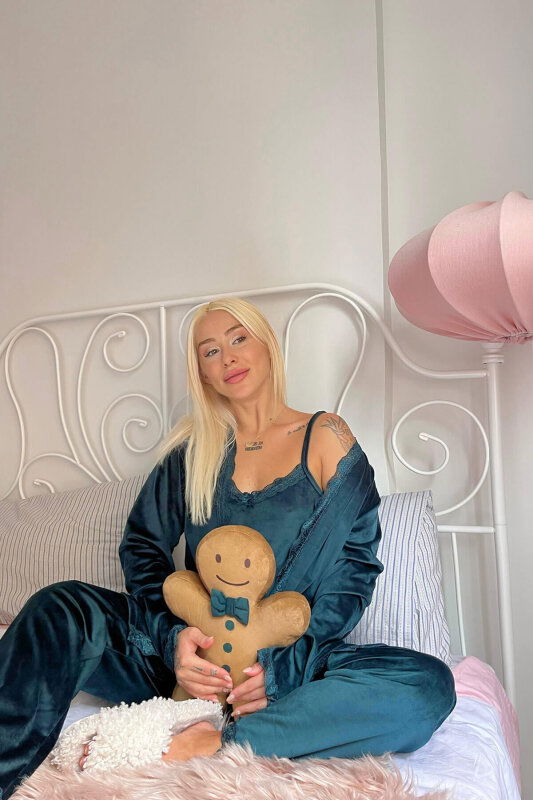 Yeşil Zelena Exclusive Kadife Sabahlıklı Kadın Pijama Takımı  - Pijamaevi (1)