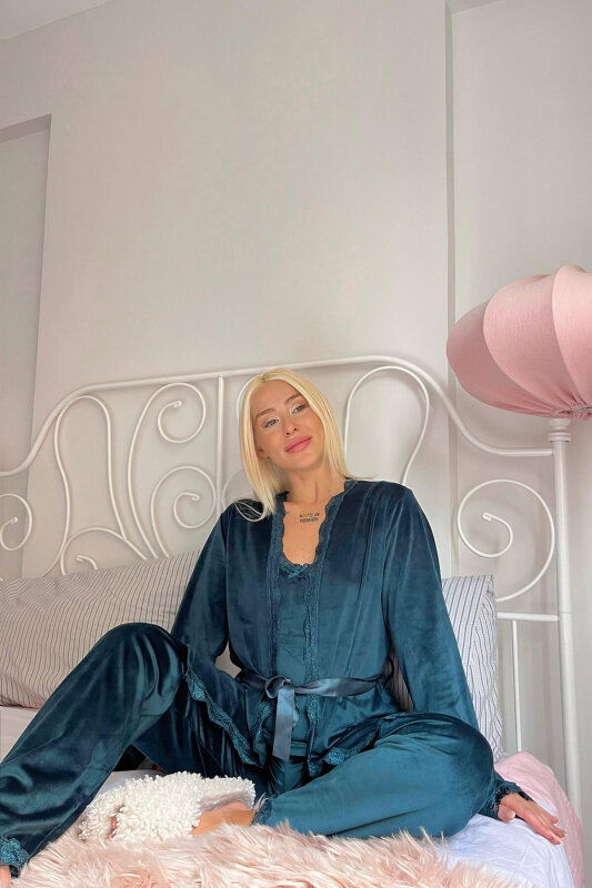 Yeşil Zelena Exclusive Kadife Sabahlıklı Kadın Pijama Takımı  - Pijamaevi (2)