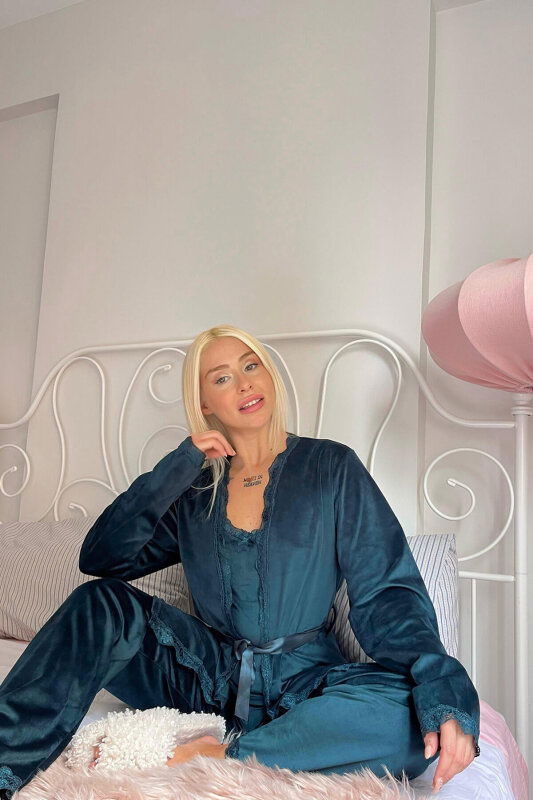 Yeşil Zelena Exclusive Kadife Sabahlıklı Kadın Pijama Takımı  - Pijamaevi (3)