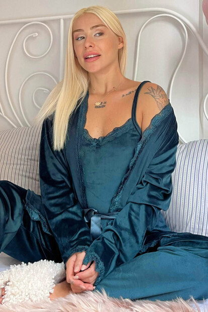 Yeşil Zelena Exclusive Kadife Sabahlıklı Kadın Pijama Takımı  - 7