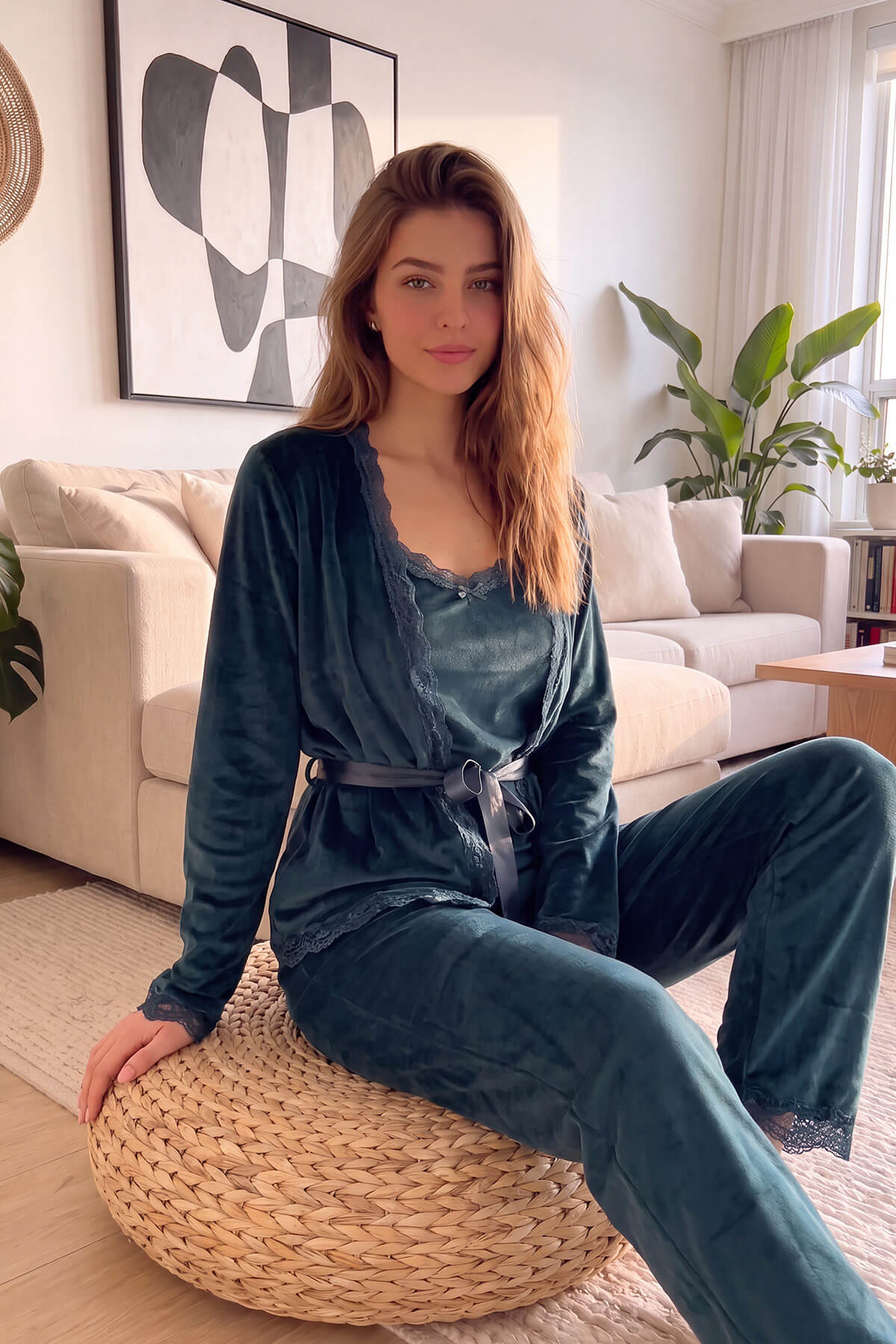 Yeşil Zelena Exclusive Kadife Sabahlıklı Kadın Pijama Takımı  - Pijamaevi (1)