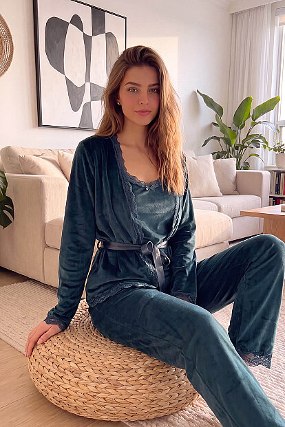 Yeşil Zelena Exclusive Kadife Sabahlıklı Kadın Pijama Takımı  - 2