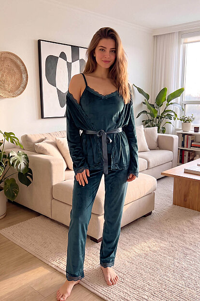 Yeşil Zelena Exclusive Kadife Sabahlıklı Kadın Pijama Takımı  - 7