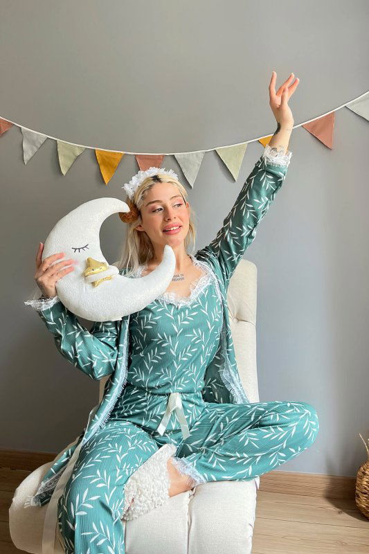 Yeşil Zeytin Dalı Desenli Sabahlıklı Pegasus Pijama Takımı - Pijamaevi (2)