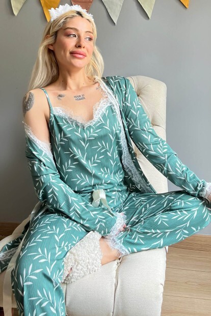 Yeşil Zeytin Dalı Desenli Sabahlıklı Pegasus Pijama Takımı - 9