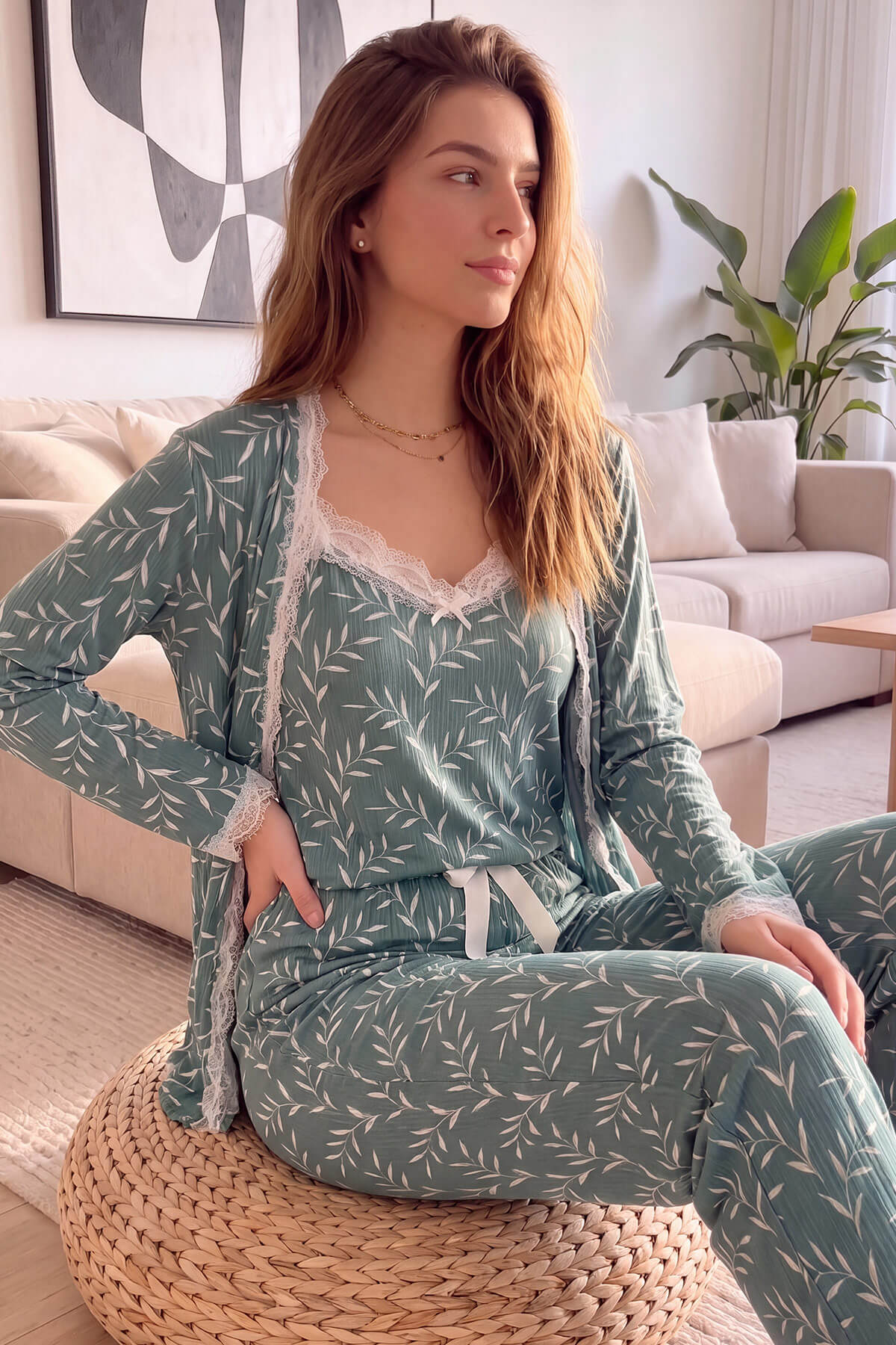 Yeşil Zeytin Dalı Desenli Sabahlıklı Pegasus Pijama Takımı - Pijamaevi (1)