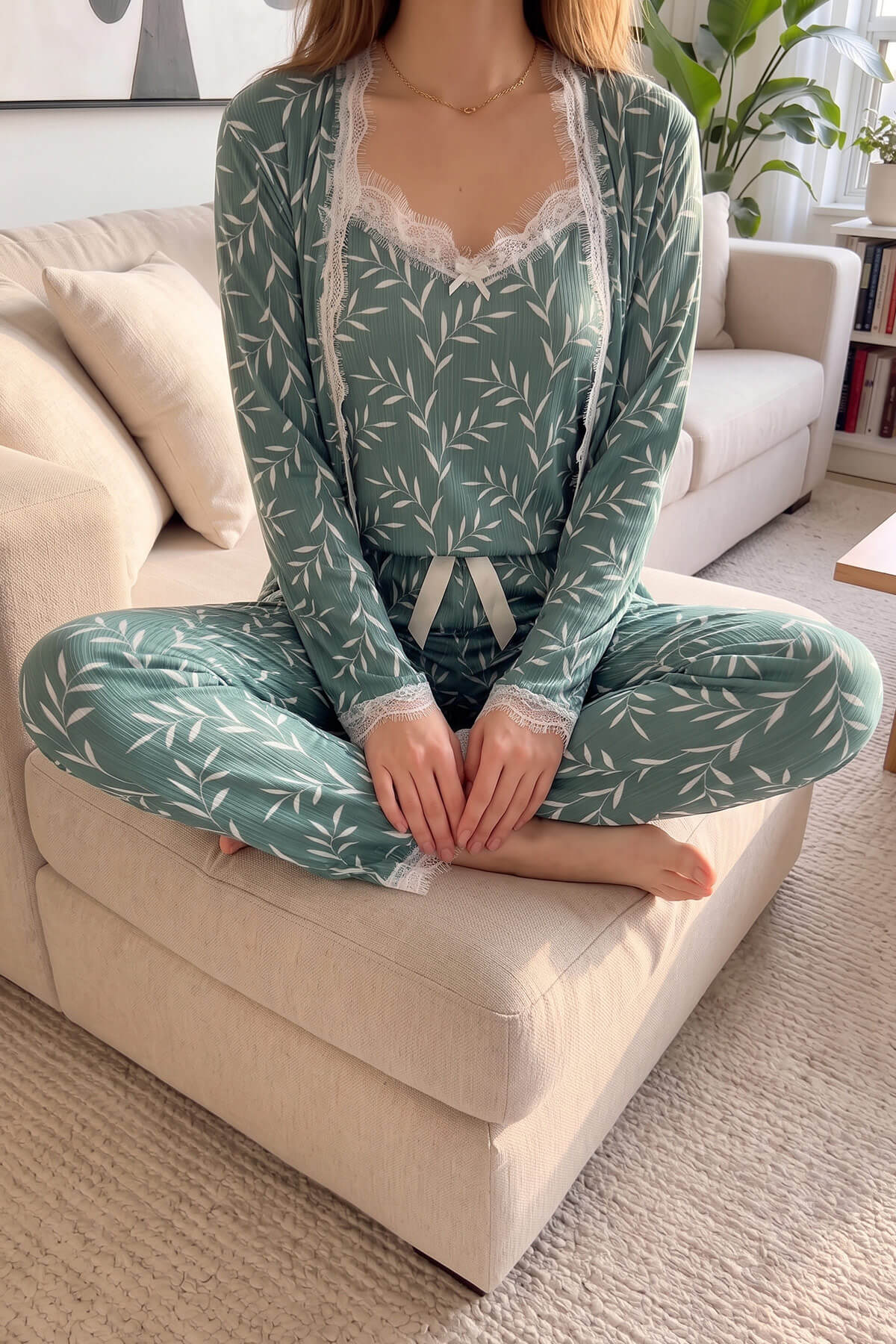 Yeşil Zeytin Dalı Desenli Sabahlıklı Pegasus Pijama Takımı - Pijamaevi (3)