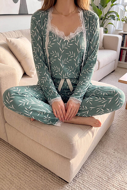 Yeşil Zeytin Dalı Desenli Sabahlıklı Pegasus Pijama Takımı - 4
