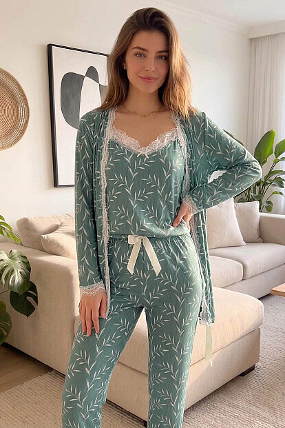 Yeşil Zeytin Dalı Desenli Sabahlıklı Pegasus Pijama Takımı - 5