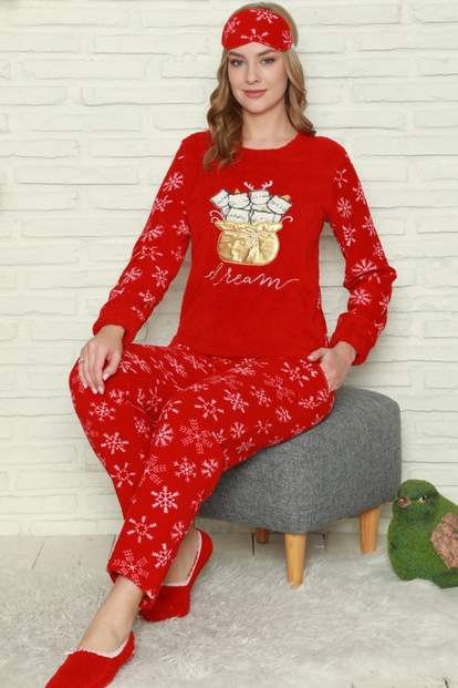 Yılbaşı Desenli Kadın Peluş Pijama Takımı - 1